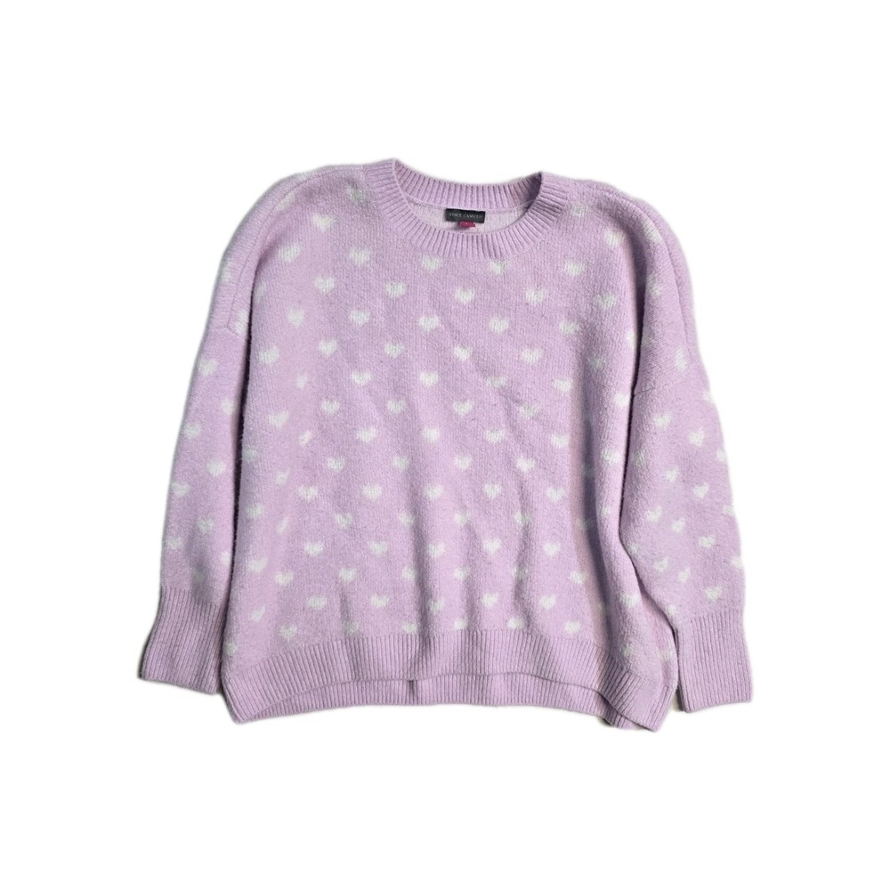 Vince Camuto Womens Sweater L Purple Hearts Print Knit Pull Over Loose Fit